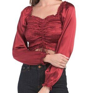 Juniors Ruched Satin Sleeve Top Merlot blouse Red Size M